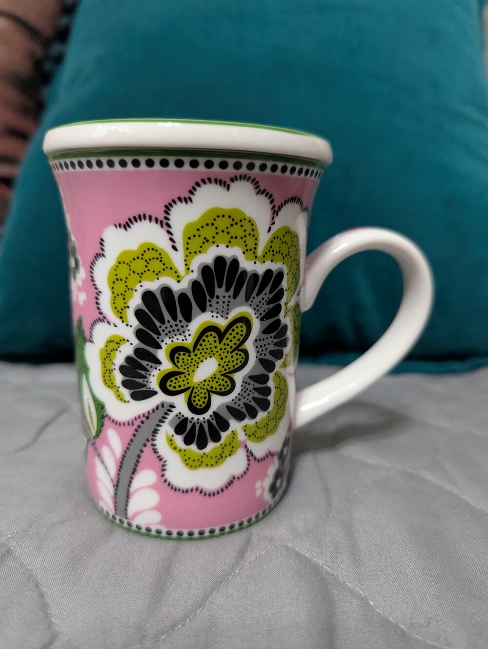 Vera Bradley Pink Ceramic Mug with Green and Black Floral Accents